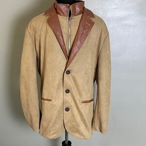 Manly Men’s Tan Khaki Suede Blazer Jacket w Leather Accents Zipper Inner Layer M